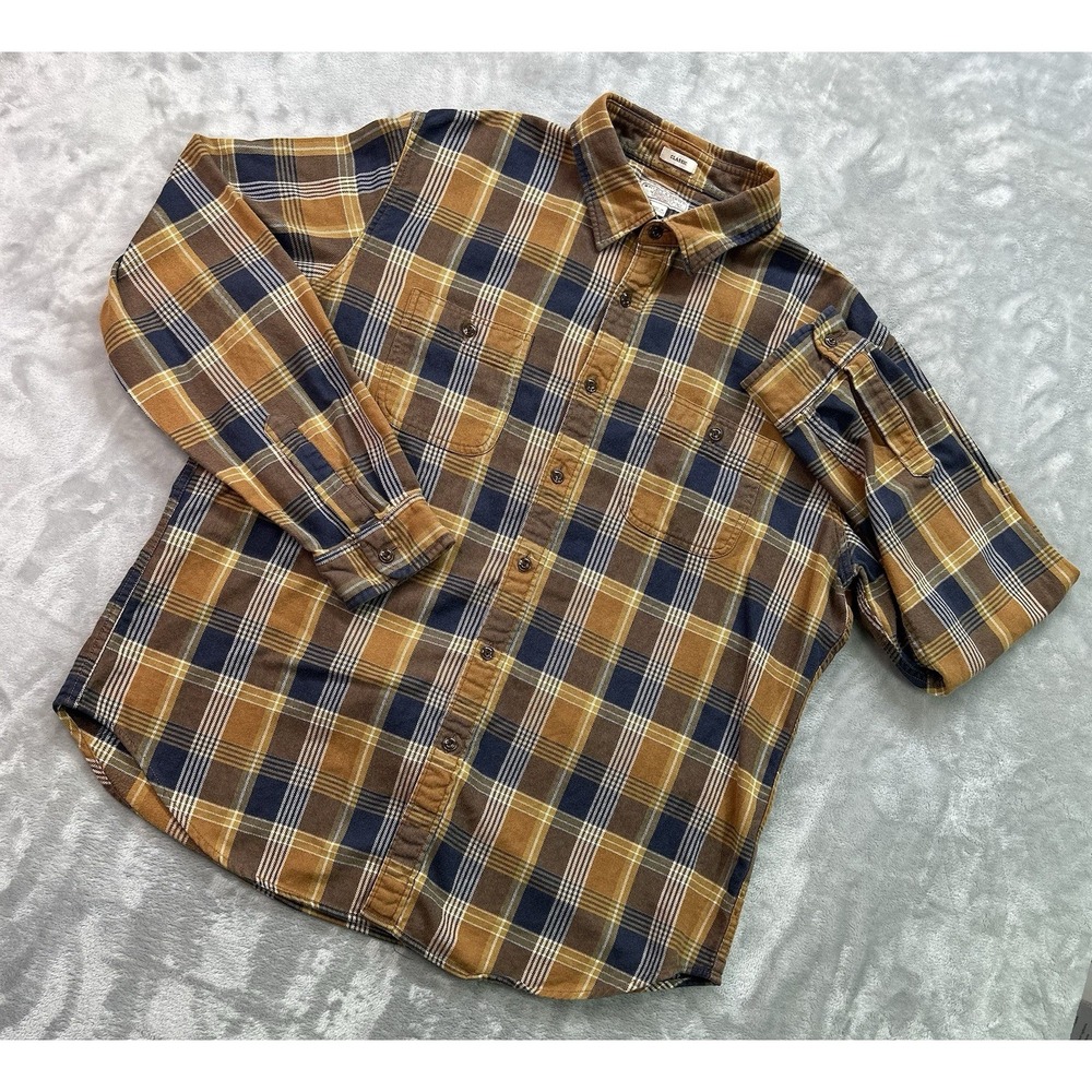 Wallace & Barnes Shirt Mens XL Brown Blue Plaid Flannel Cabincore Casual Outdoor